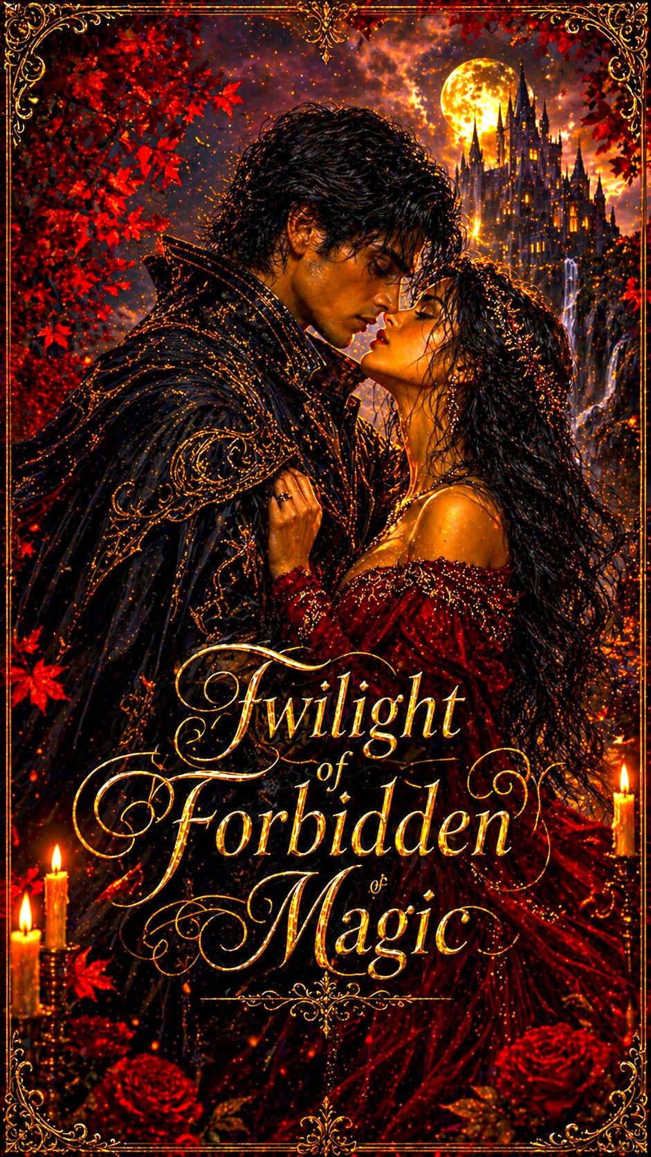 Twilight of Forbidden Magic cover artwork with Elara and Lysander beneath a glowing moon