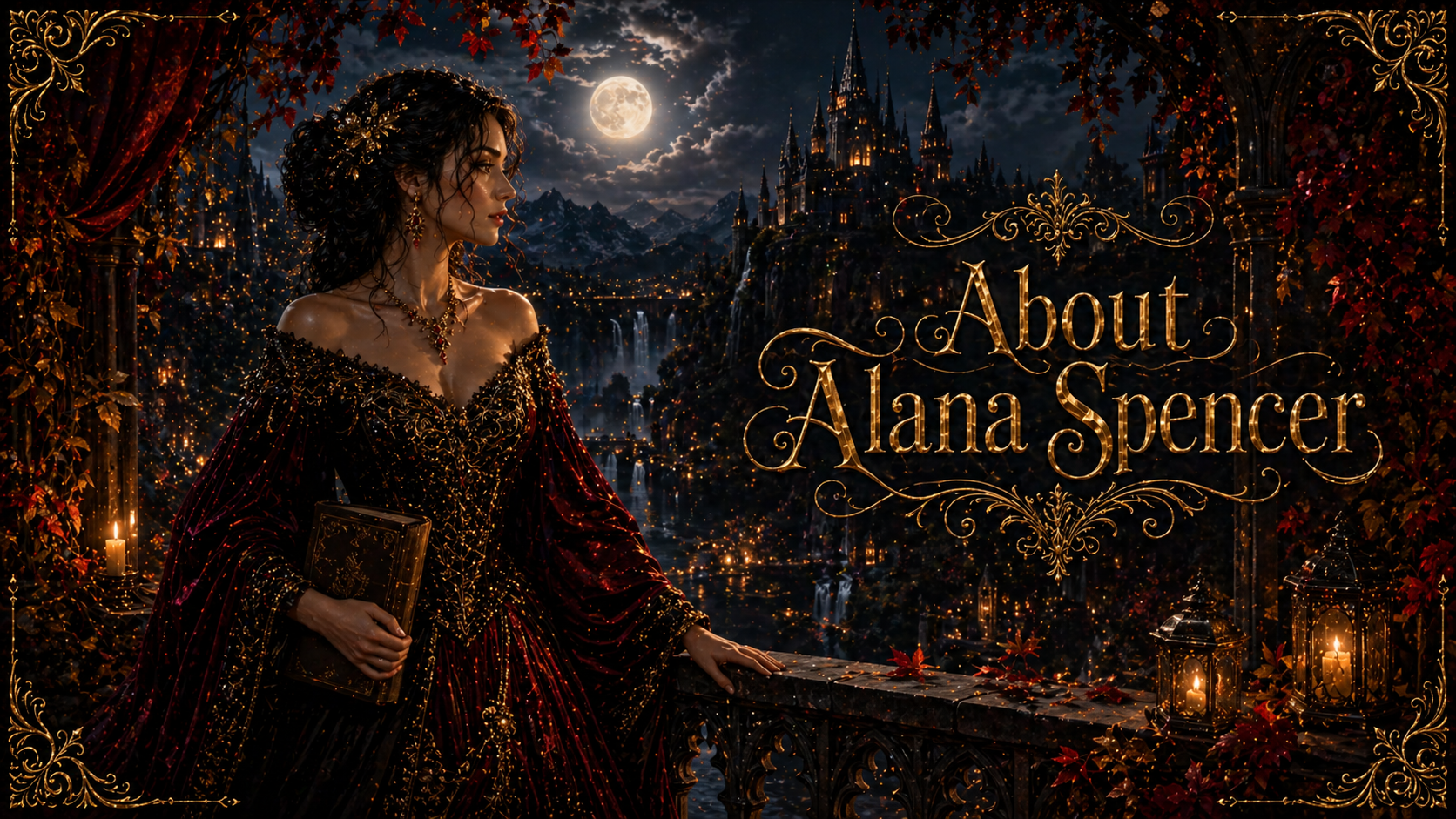 About Alana Spencer hero artwork with Alana overlooking moonlit Eldoria