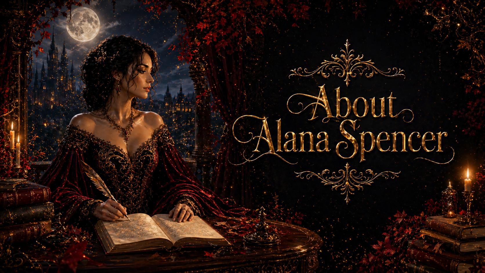 About Alana Spencer artwork with Alana writing by candlelight beneath moonlit Eldoria