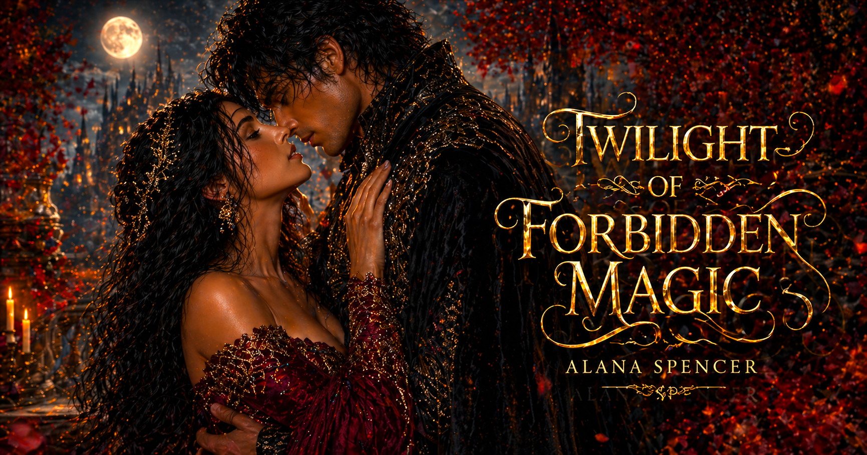Twilight of Forbidden Magic artwork with Elara and Lysander beneath a glowing moon