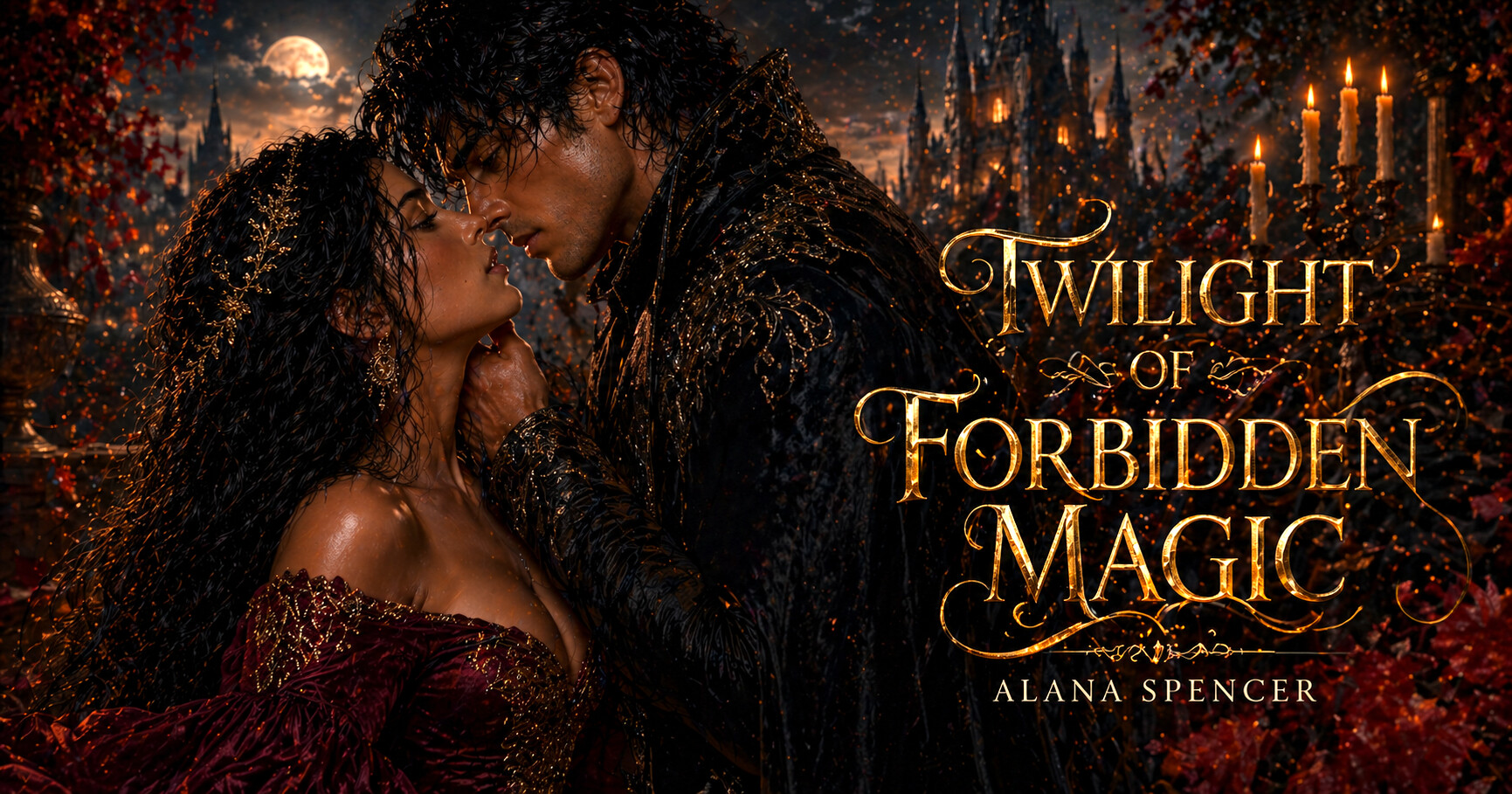 Twilight of Forbidden Magic cover artwork with Elara and Lysander in candlelit Eldoria