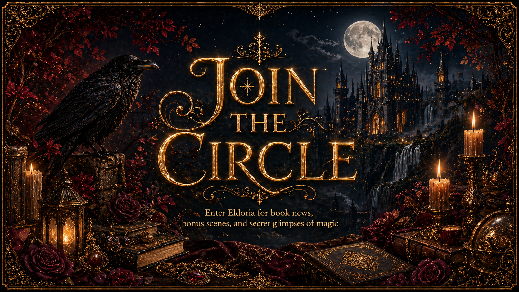 Join the Circle newsletter artwork with a raven, candles, moonlit Eldoria, and gold lettering