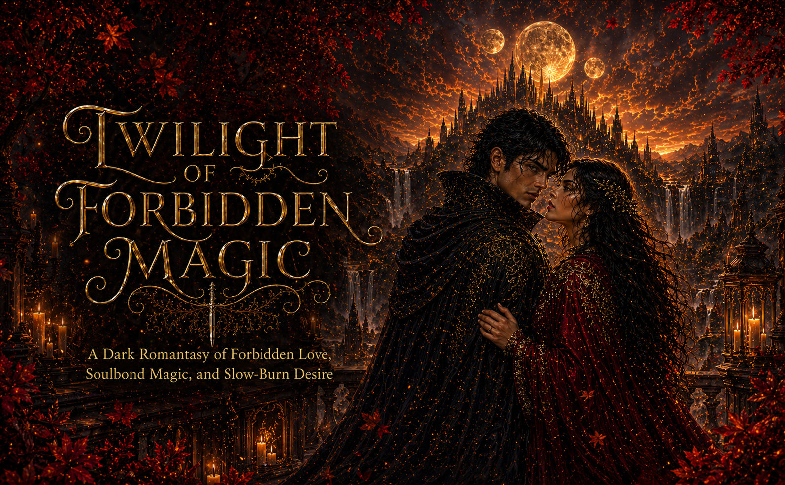 Explore the World artwork for Twilight of Forbidden Magic with Elara, Lysander, Eldoria, and golden moonlight